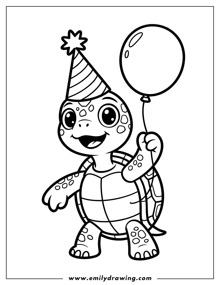 Outline of a cheerful turtle holding a balloon and wearing a party hat.