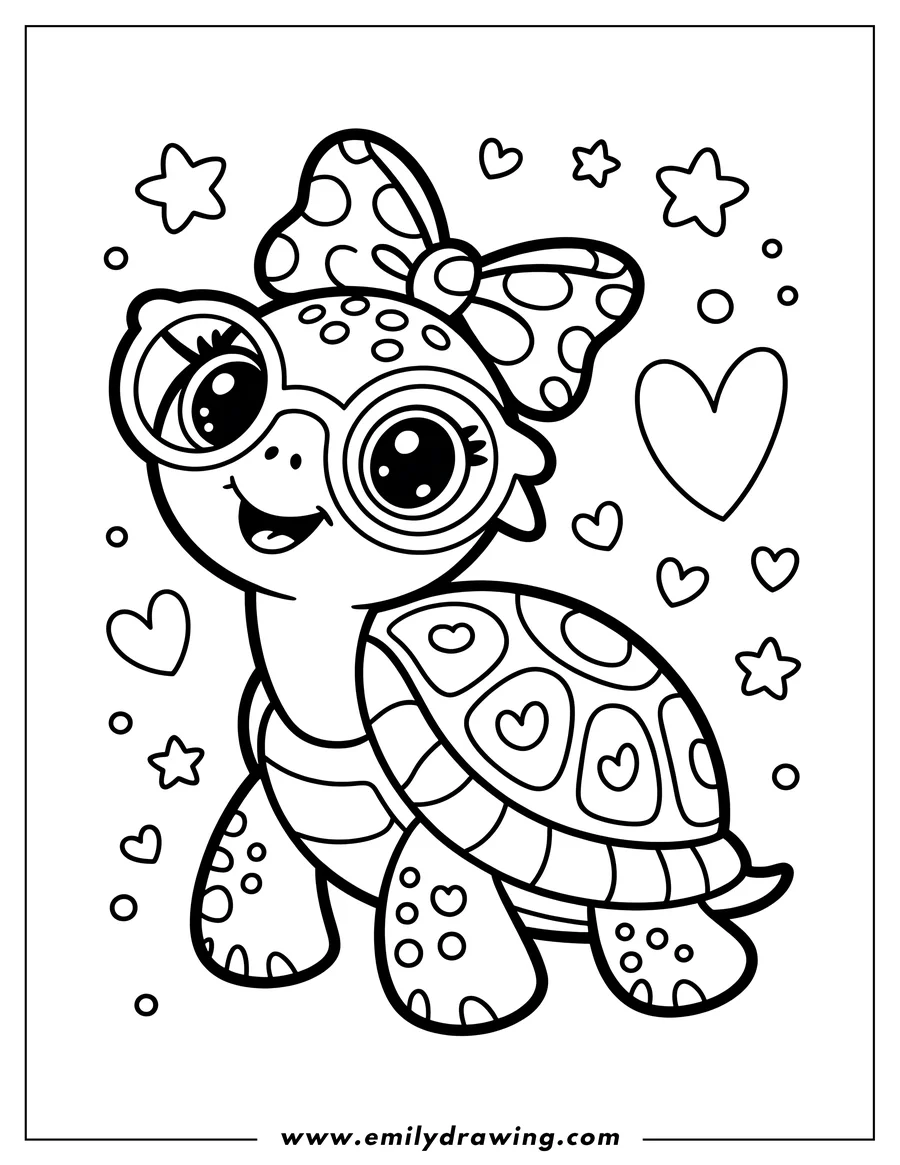 Outline of a turtle wearing large, round glasses and a spotted bow. Hearts and stars decorate the background.