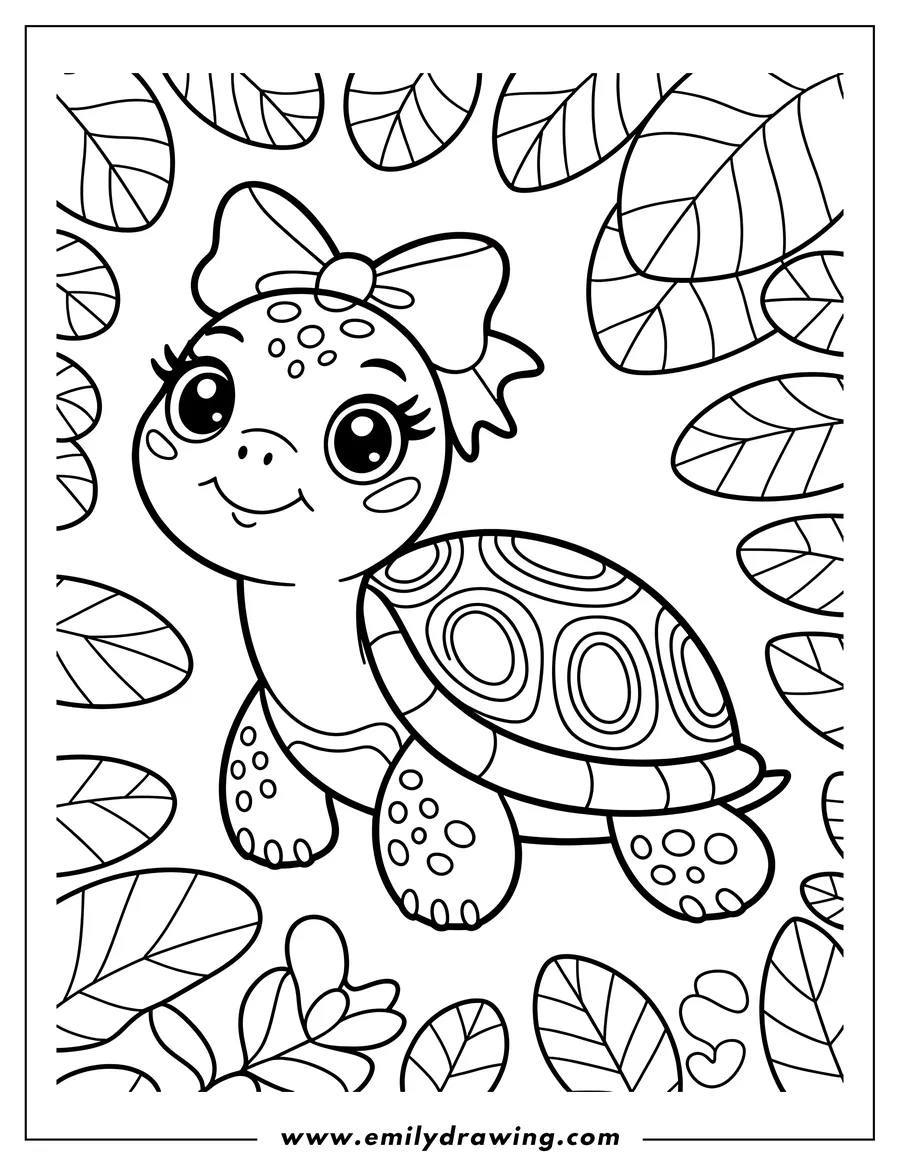 Line art of a turtle with a bow on its head, surrounded by leaves.