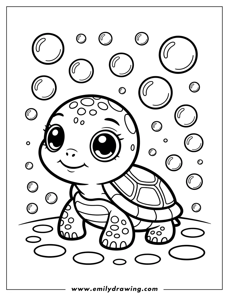 Line art of a cute baby turtle surrounded by bubbles. The turtle has large, friendly eyes and a patterned shell. It's standing on a spotted surface.
