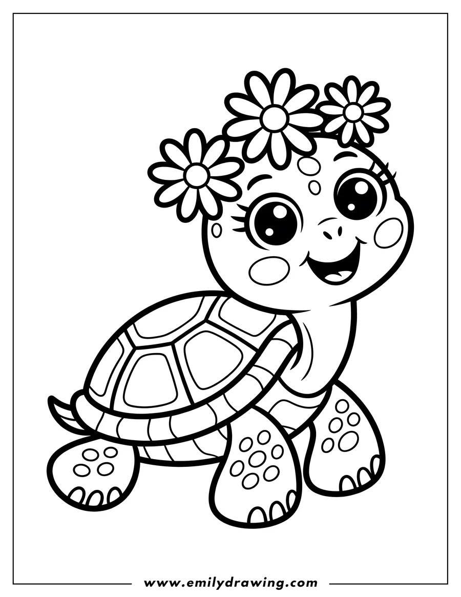 Outline of a turtle with three flowers on its head. The turtle has big eyes and is smiling.