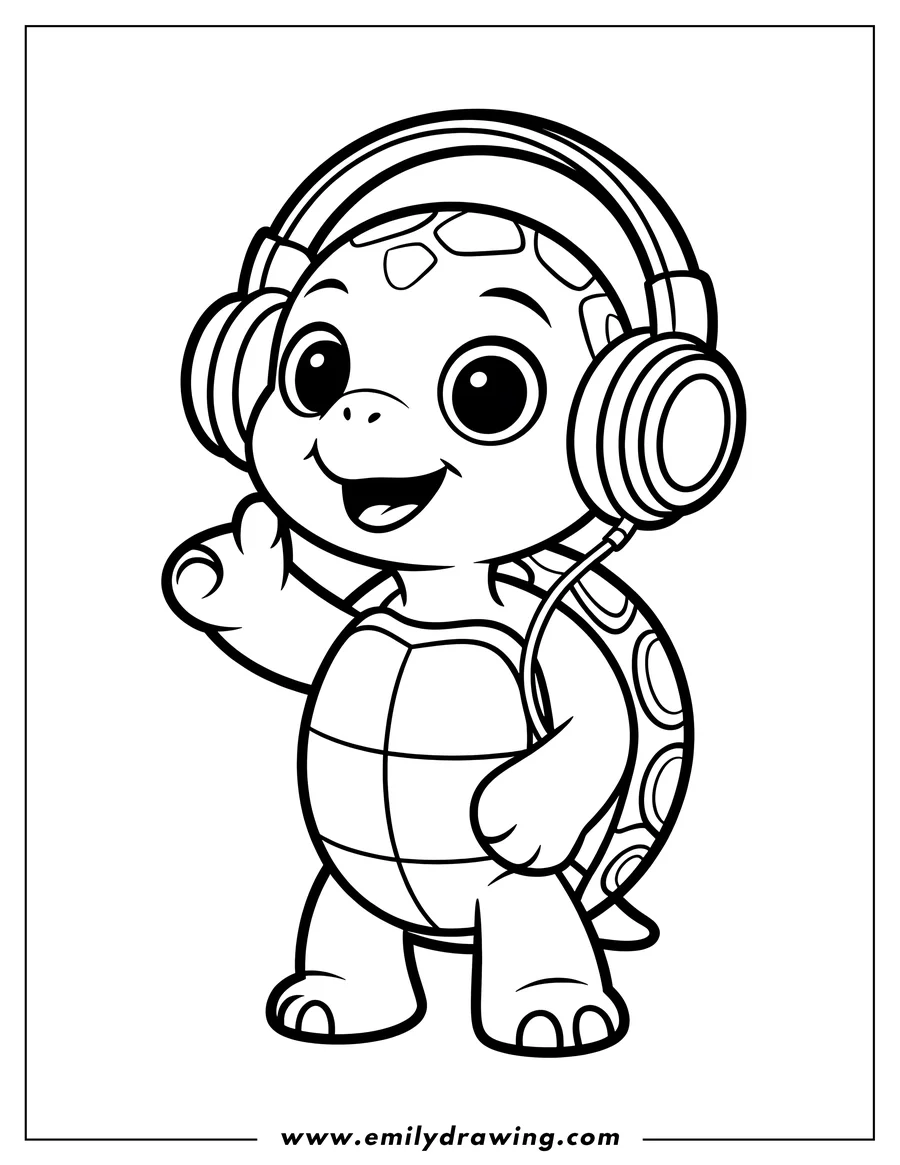 Line art of a cheerful turtle wearing headphones, waving a foot.