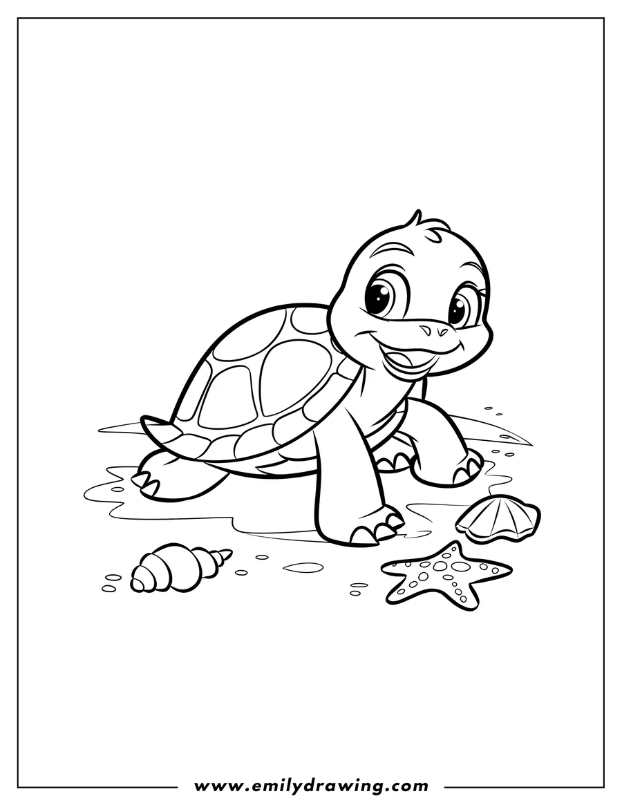 Line art of a turtle on the beach near a seashell and starfish.