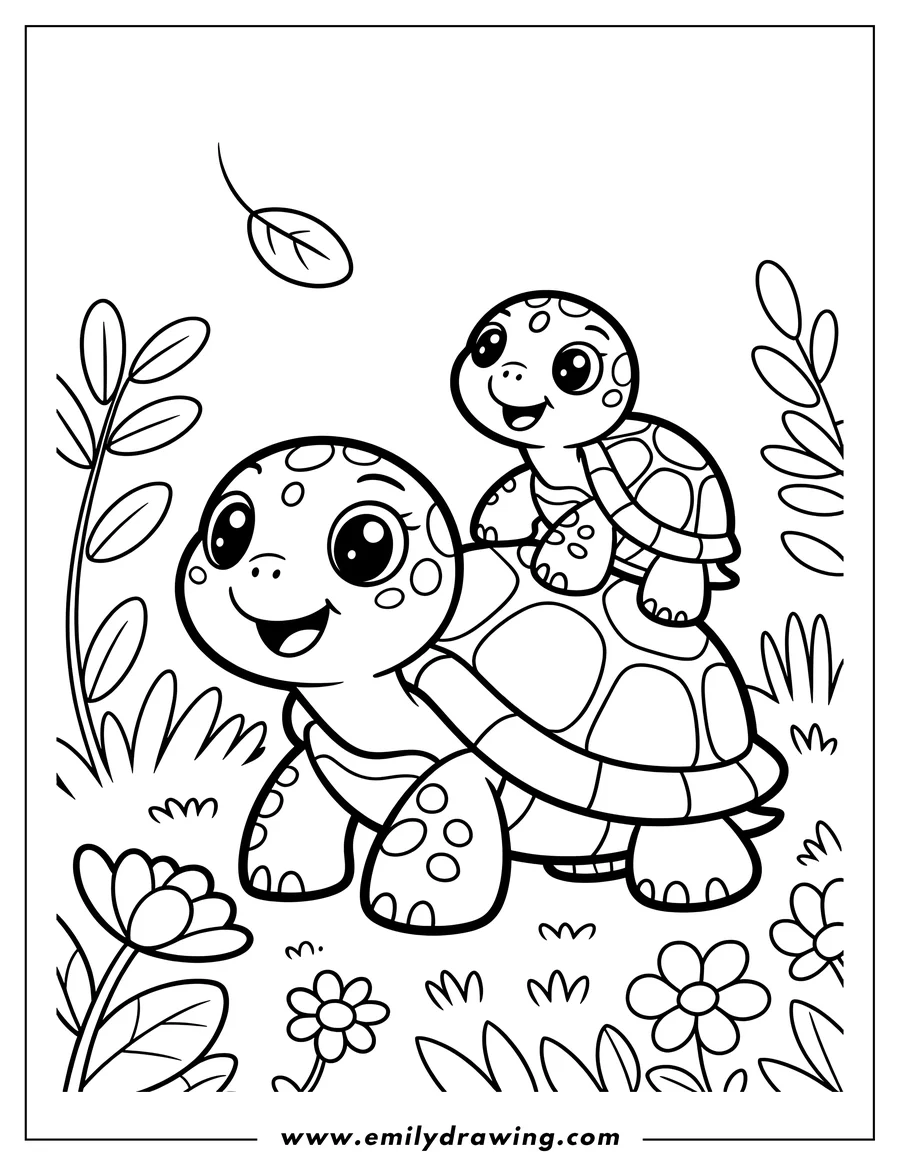 Outline of two turtles, one riding on the other's back, in a garden setting with grass and flowers.