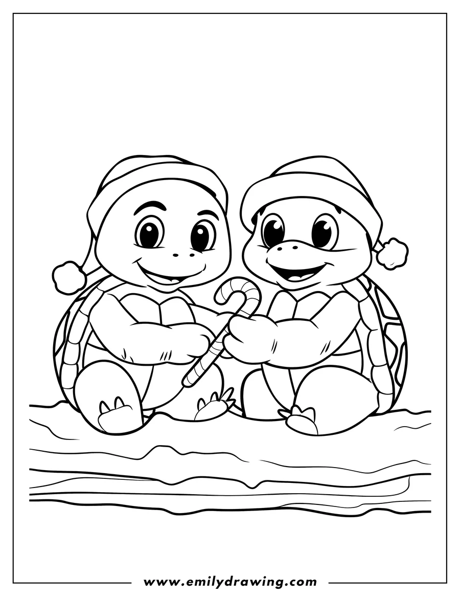 Two turtles wearing Santa hats and sharing a candy cane.