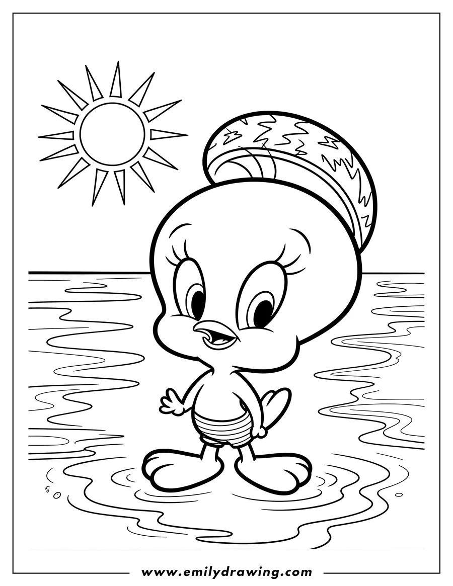 Line art of Tweety Bird wading in shallow water, wearing striped swim trunks, with a summer sun shining overhead.