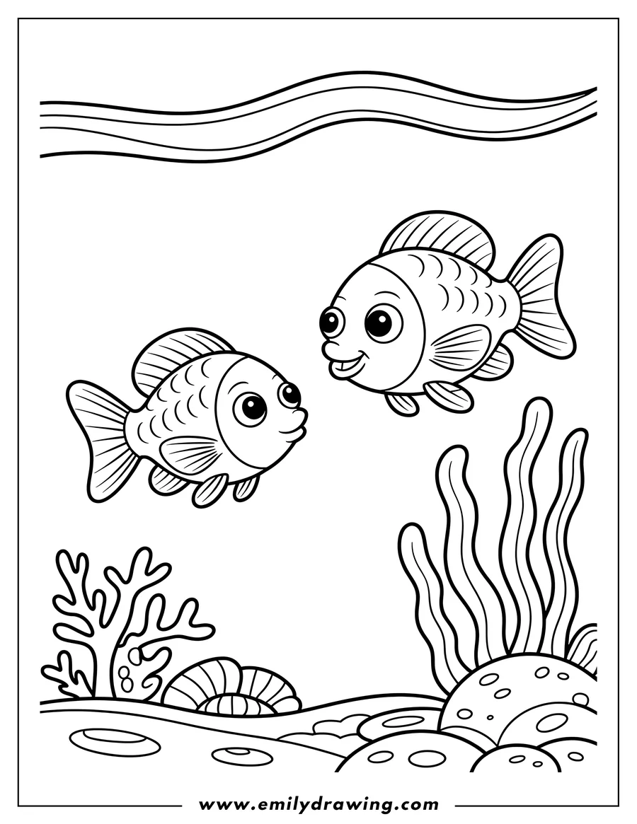 Outline of two fish swimming near a coral reef and seaweed on the ocean floor.