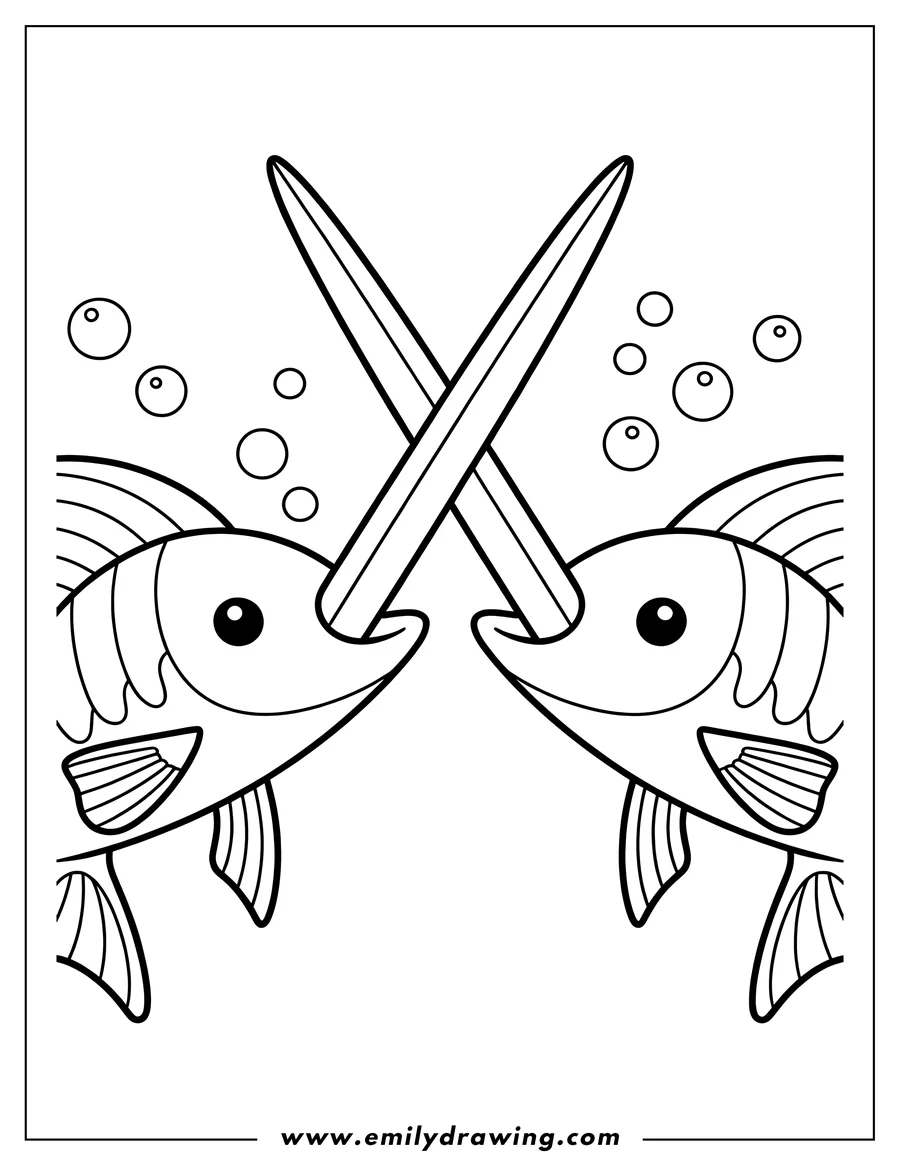 Line art of two fish crossing their long noses, surrounded by bubbles.