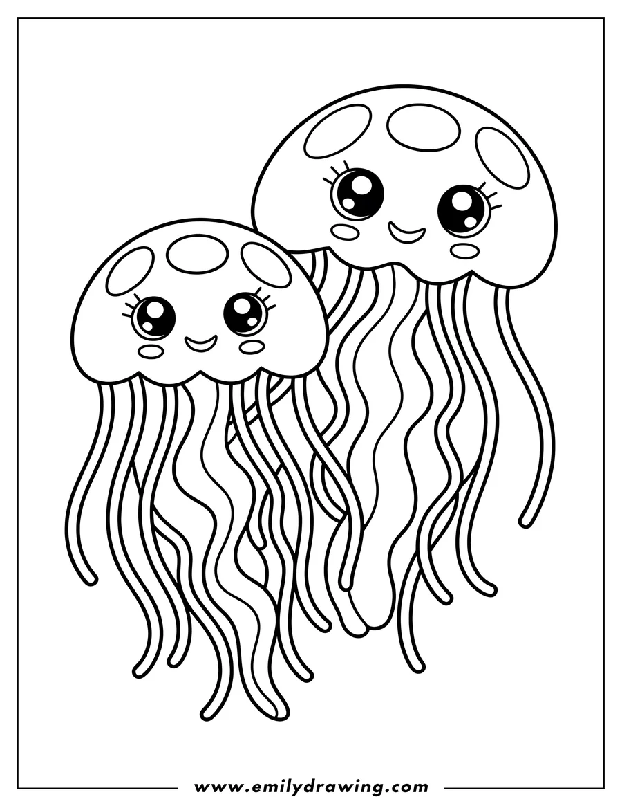 Line art of two jellyfish with friendly faces and flowing tentacles.