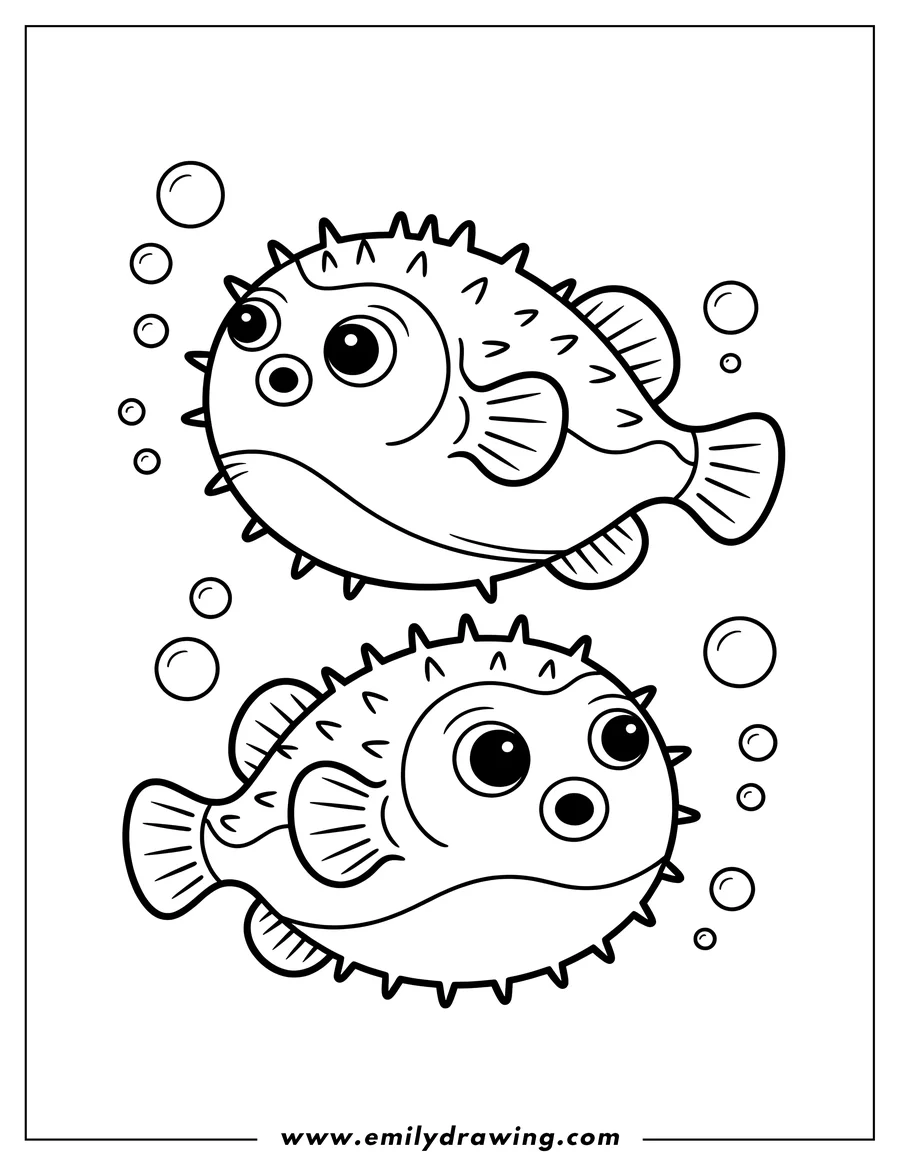 Two pufferfish are blowing bubbles underwater. One pufferfish looks surprised, the other one has a knowing look. The pufferfish are shown in simple line art.