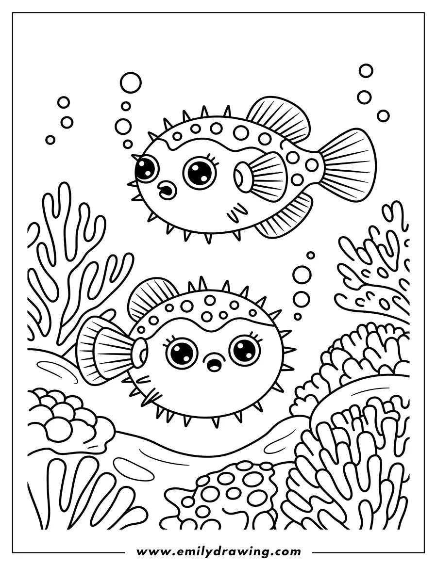Two pufferfish swimming amongst coral and bubbles.