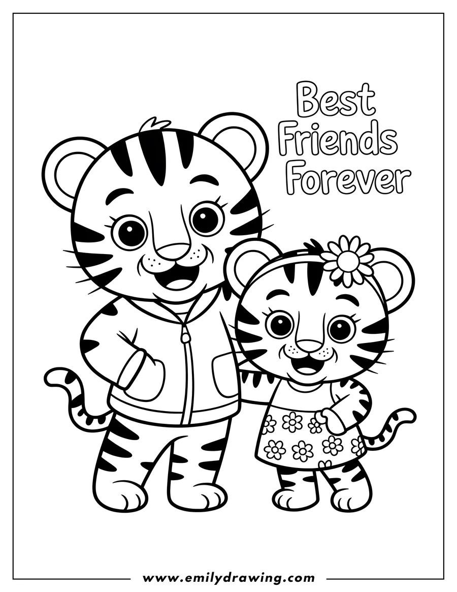 Outline of two young tiger cubs standing side-by-side. One wears a jacket, the other a floral dress. The text 'Best Friends Forever' appears above them.