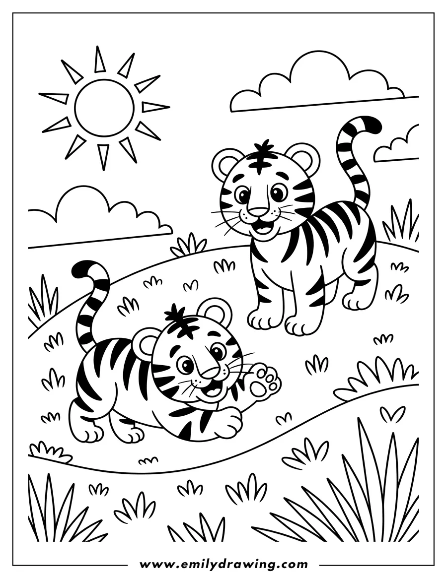 Two playful tiger cubs in a field of grass. One tiger is standing and the other is rolling on its back.