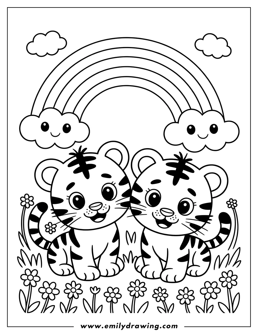 Two baby tigers sit in a field of flowers with a rainbow overhead. Two smiling clouds flank the rainbow.