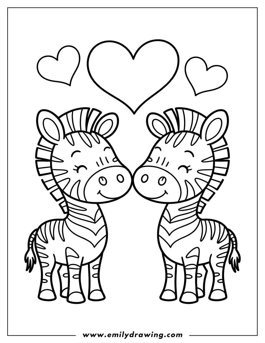 Two zebras stand facing each other with a heart above them.