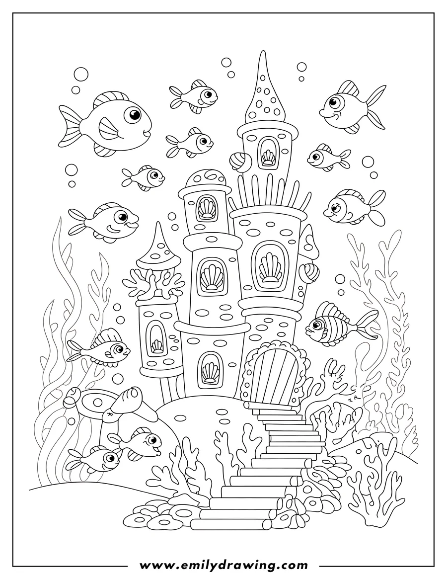 Line art of an underwater castle with fish swimming around it. The castle is decorated with seashells and coral.