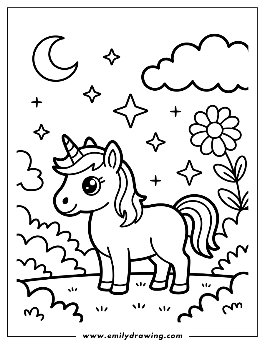 Outline of a unicorn standing in grass at night with a flower, moon, and stars.