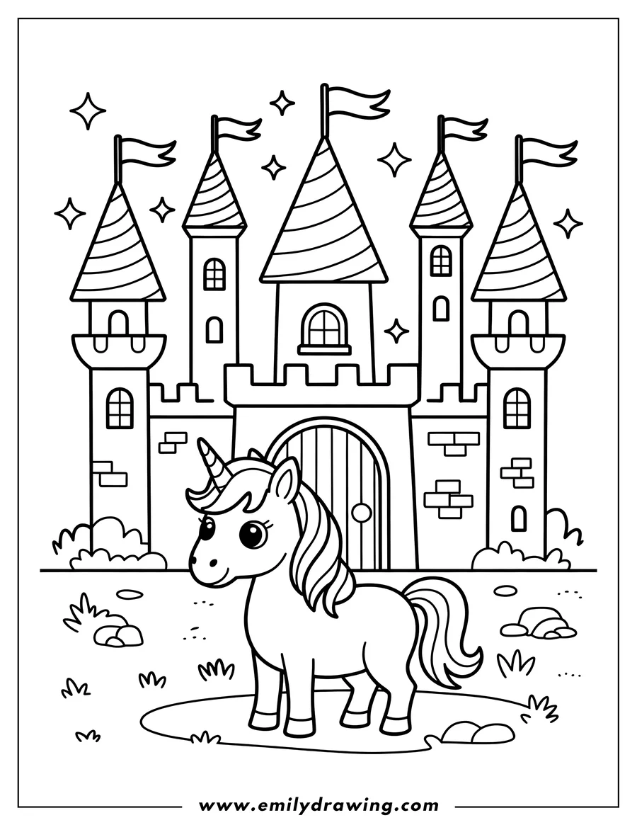 Outline of a unicorn standing in front of a castle with flags on its towers.