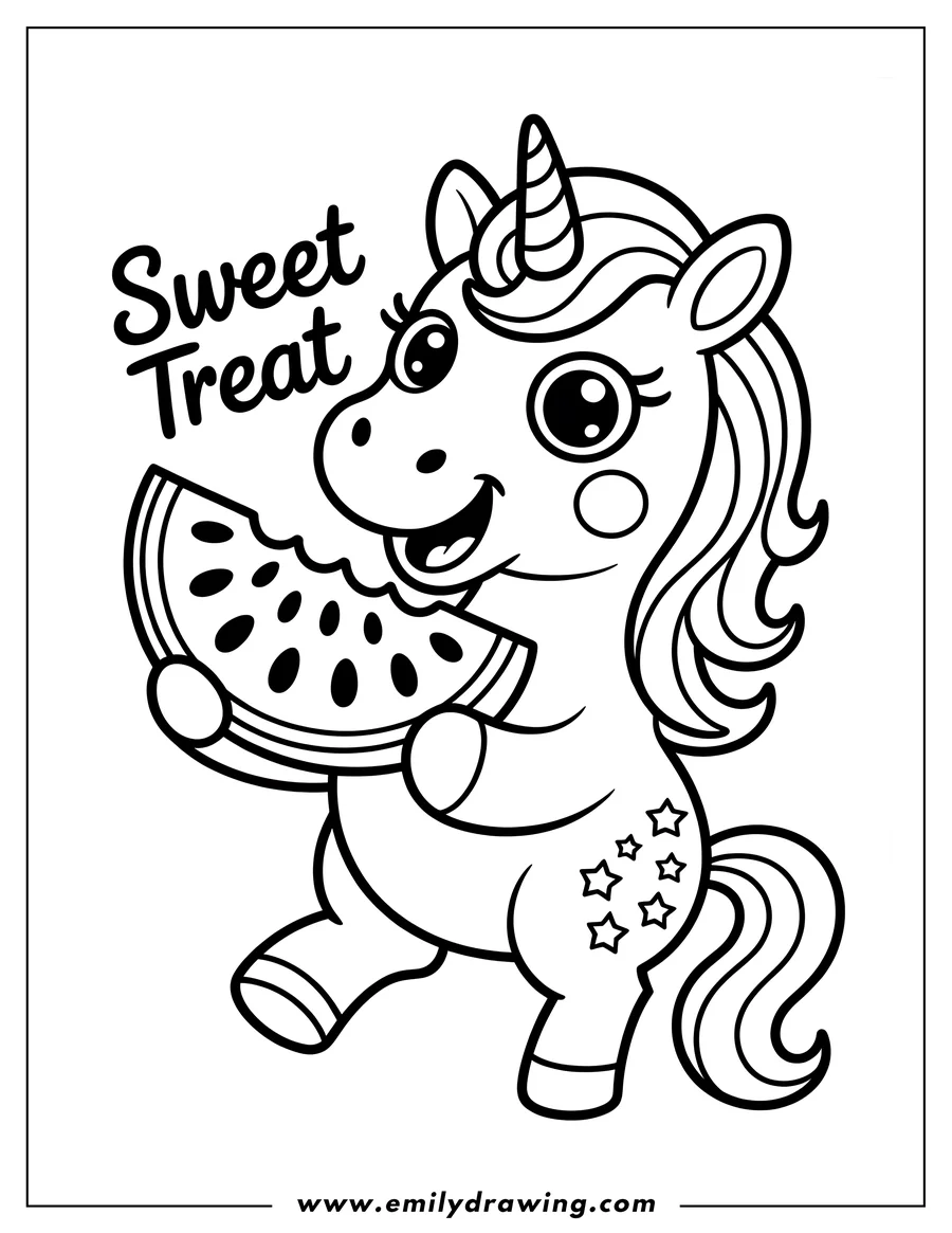 Line art of a unicorn happily eating a slice of watermelon. The unicorn has stars on its flank and a striped horn.
