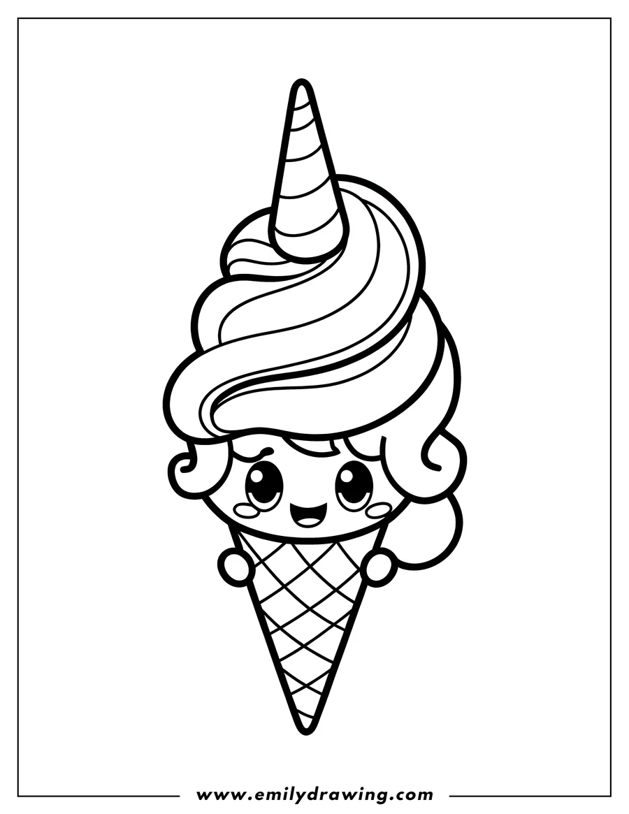 Line art of a kawaii-style ice cream cone with a unicorn horn and face.