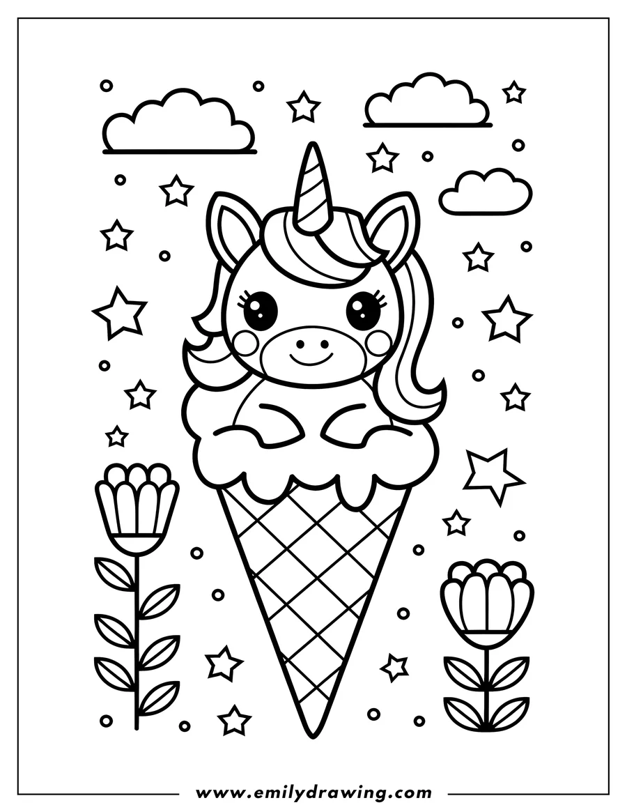 Line art of a unicorn sitting in a large ice cream cone, surrounded by stars, circles, and stylized flowers.
