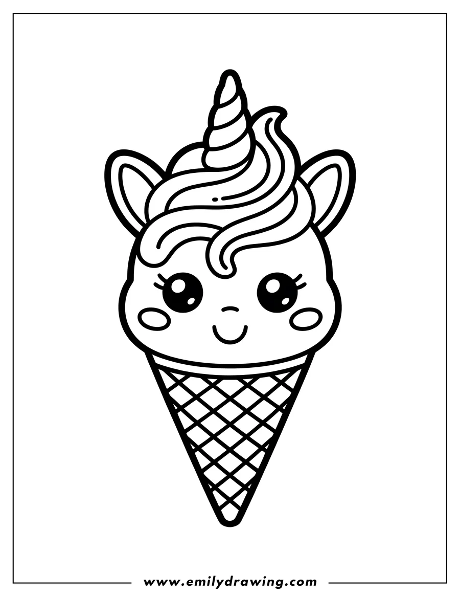 Outline of a kawaii style unicorn ice cream cone. The ice cream has a unicorn horn, large eyes, and a smiling face.