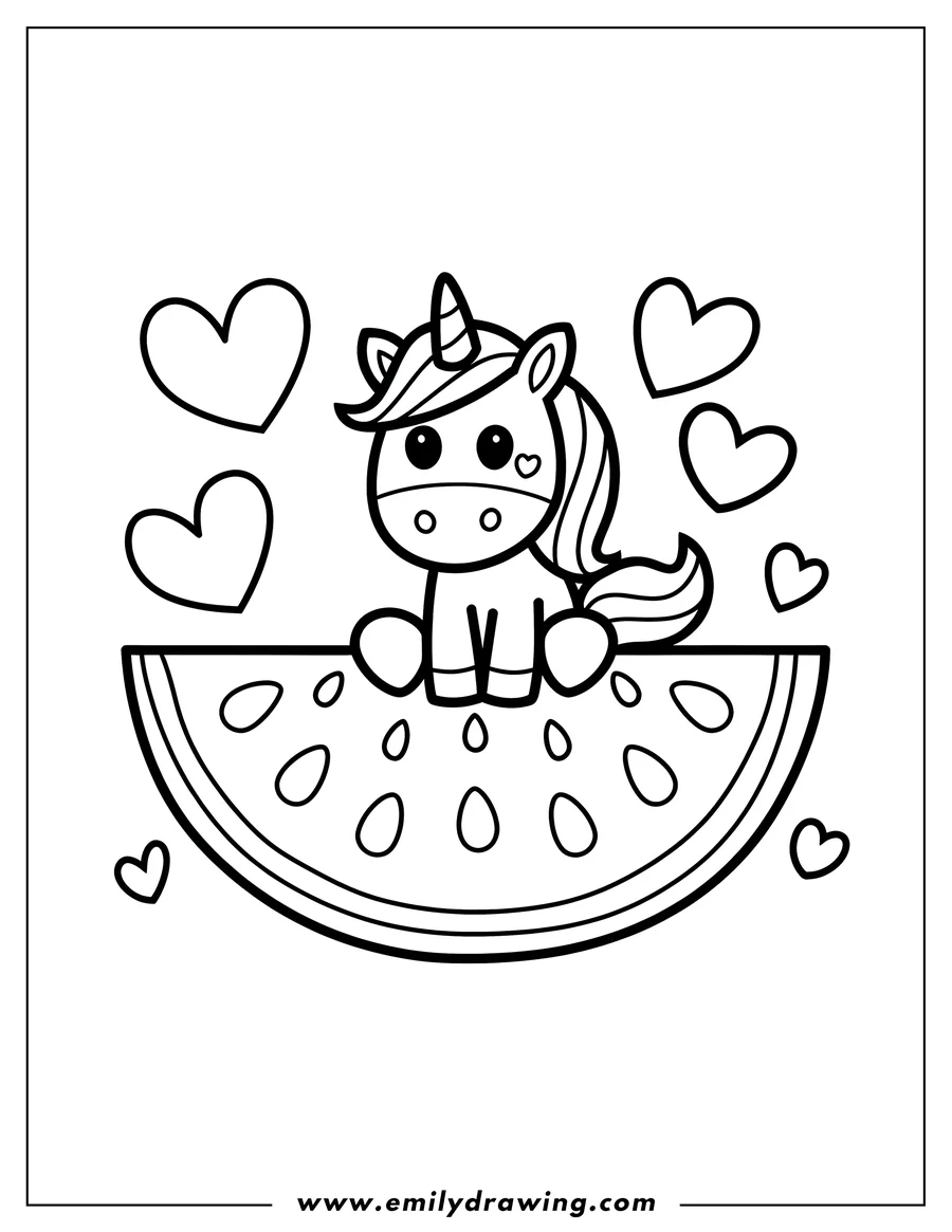 Outline of a unicorn sitting on a slice of watermelon, surrounded by small hearts.