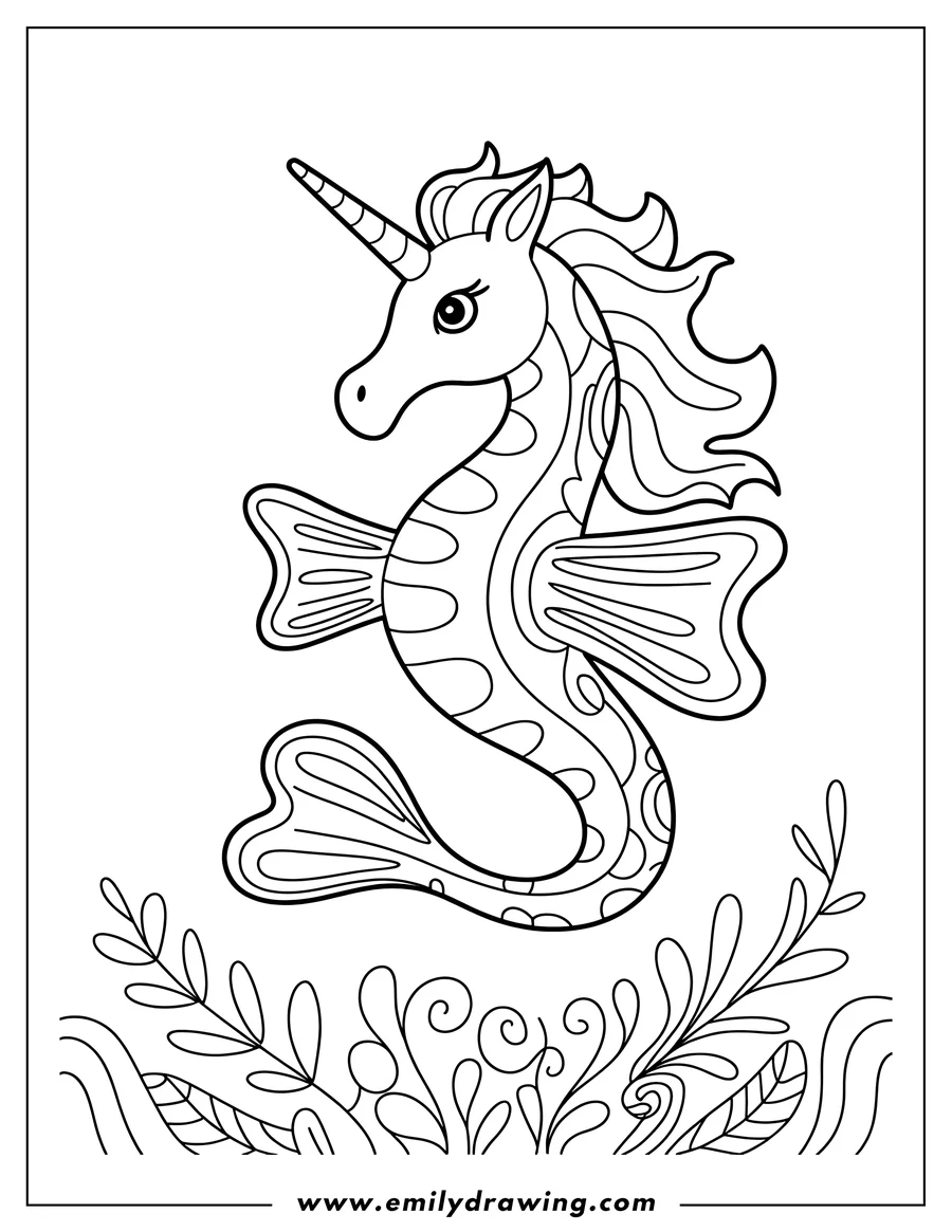 Line art of a seahorse with a unicorn horn, surrounded by stylized seaweed.