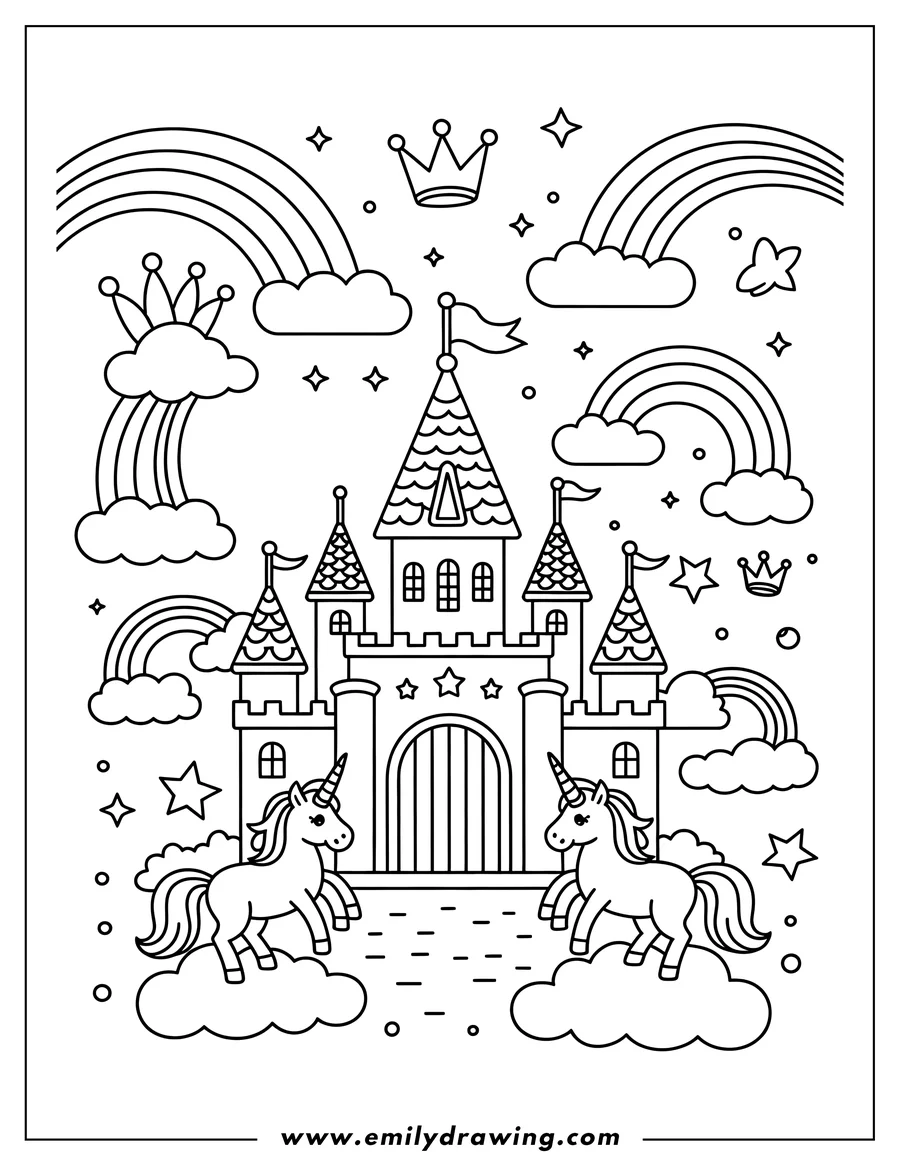 Two unicorns on clouds in front of a castle with rainbows, crowns, and stars.