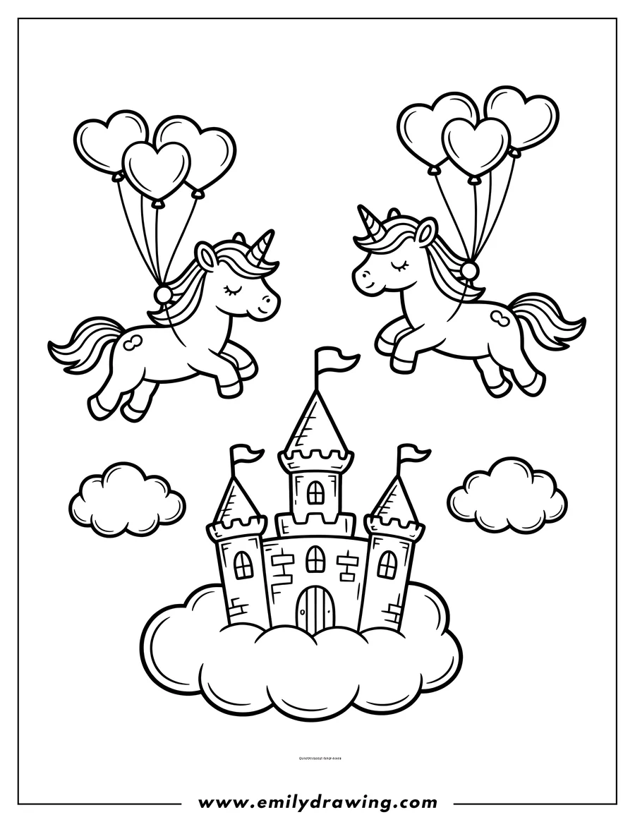 Two unicorns float with heart-shaped balloons. A castle sits on a cloud below them.