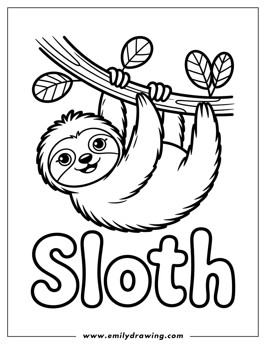 Outline of a smiling sloth hanging upside down from a tree branch.