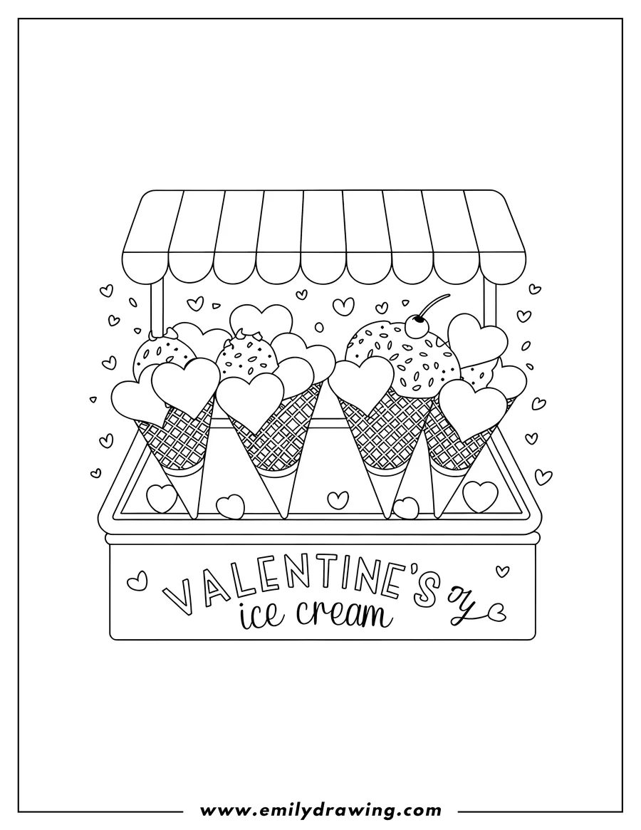 Line art of four Valentine's ice cream cones displayed in a stand.  They are decorated with hearts, sprinkles, and a cherry.