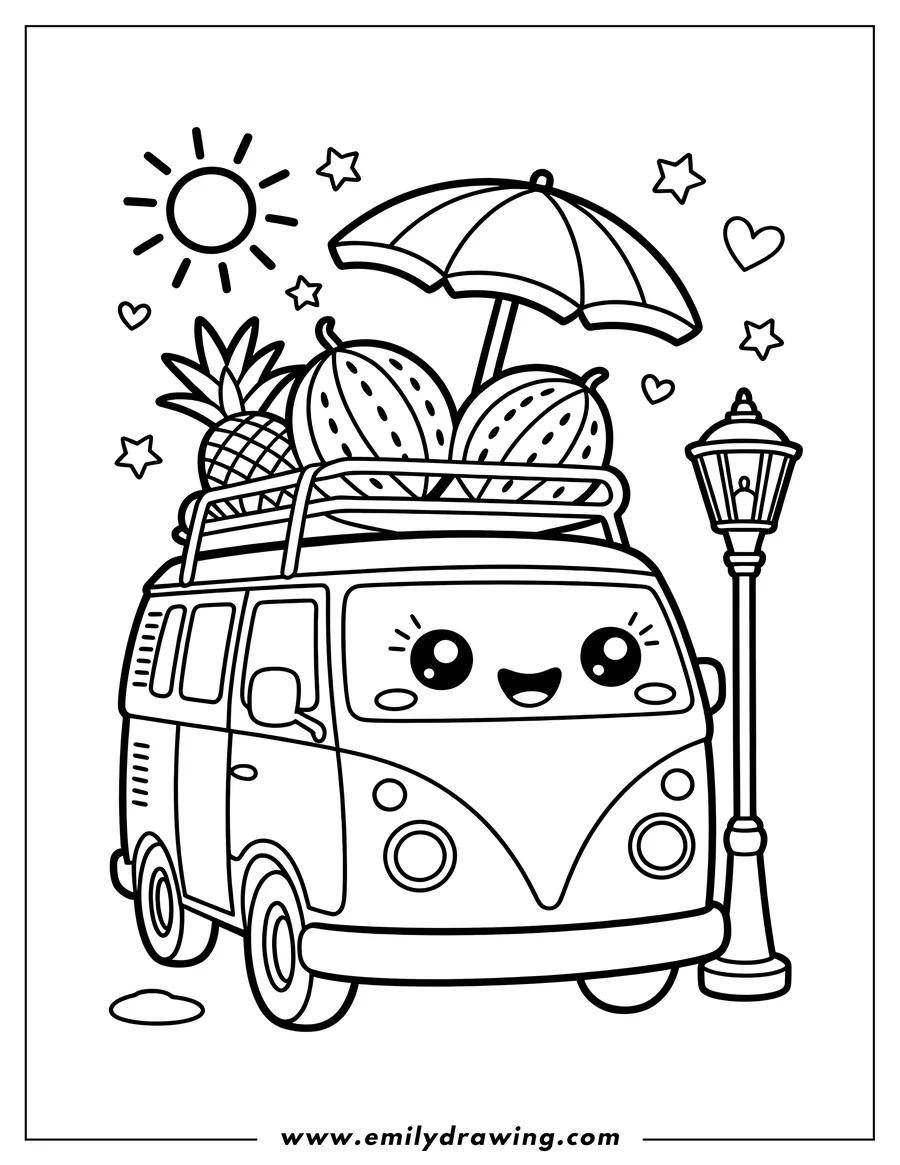 Outline of a van with watermelons, a pineapple, and a beach umbrella on its roof rack parked next to a lamppost.