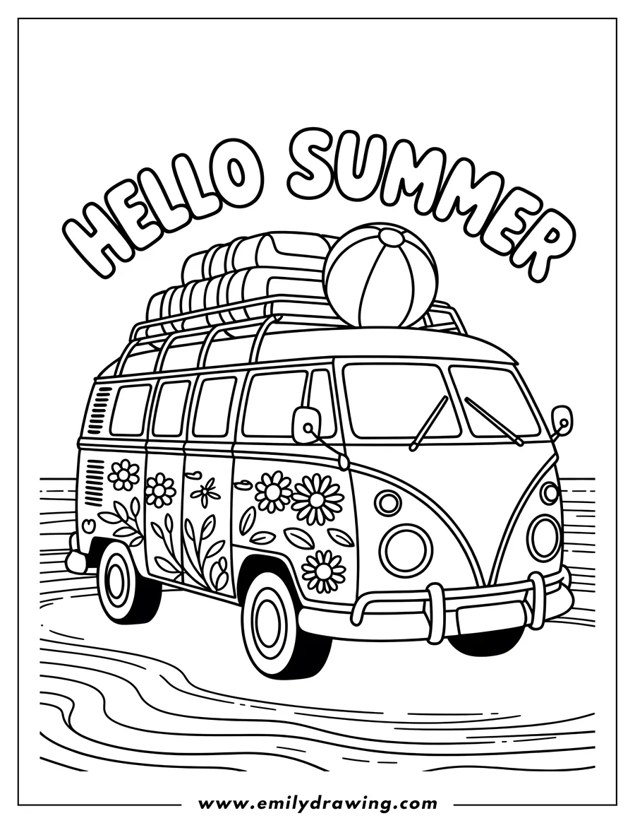 Line art of a van with luggage and a beach ball at the beach. It's decorated with flower designs.