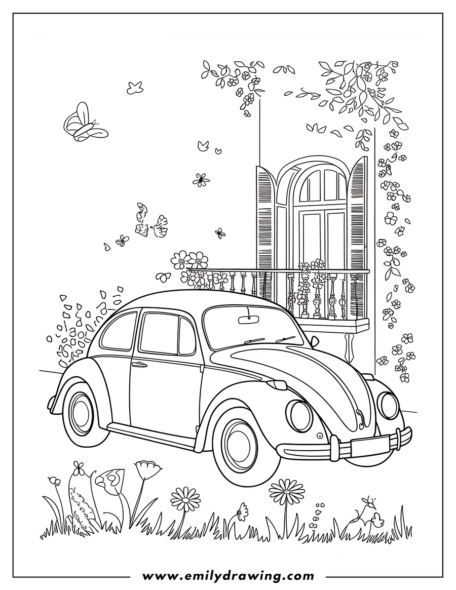 Outline of a classic Volkswagen Beetle parked near a building with a decorated balcony and flowers and butterflies around.