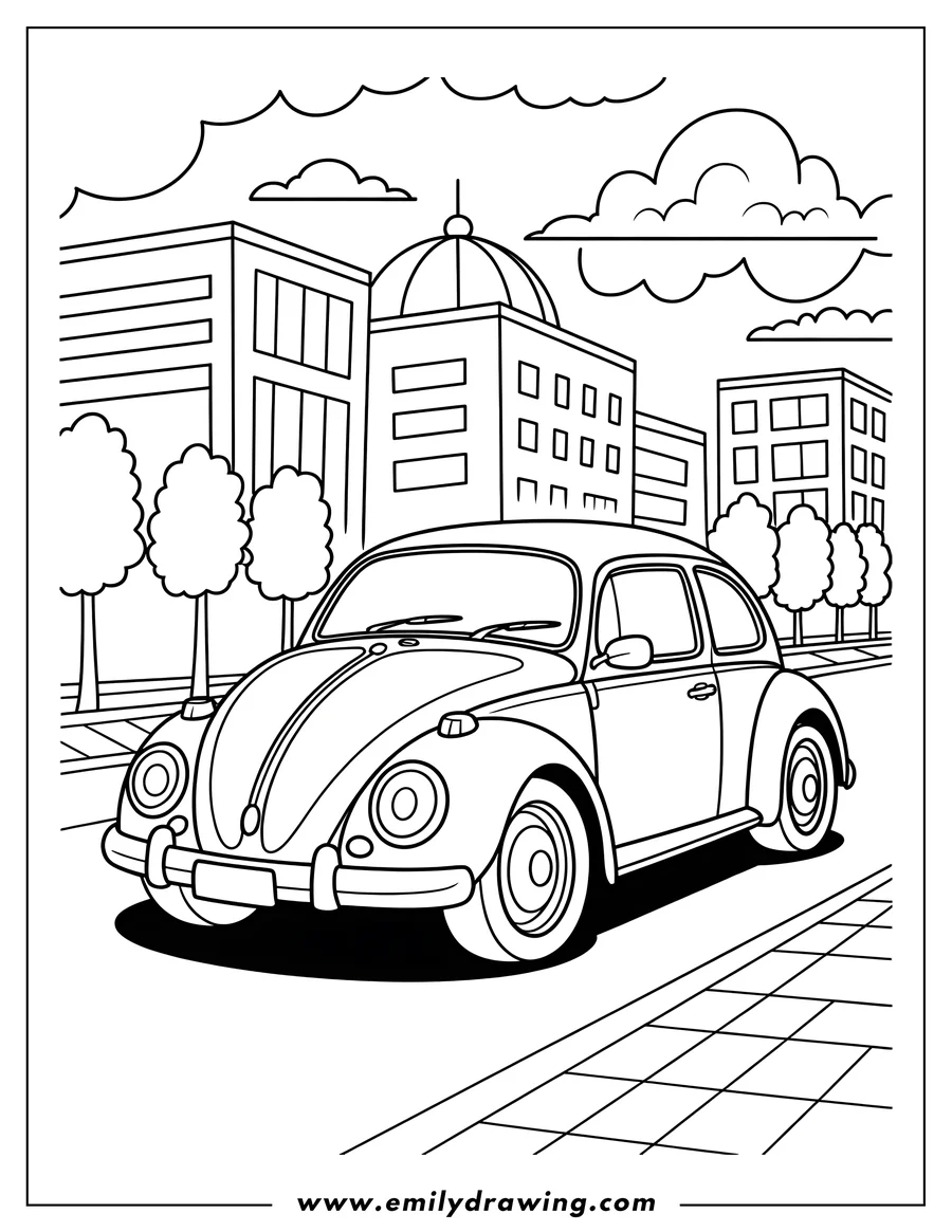 Outline of a Volkswagen Beetle car driving on a city street with buildings and trees in the background.