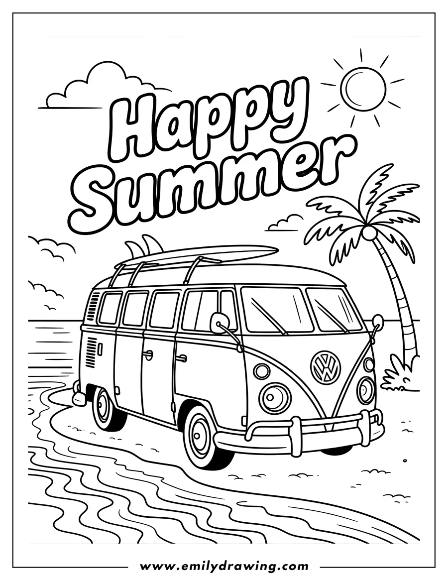 Outline of a VW bus parked on a sandy beach with surfboards on top, a palm tree, and the text Happy Summer in the sky.