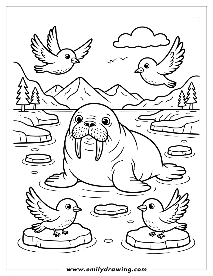 Line art of a walrus in the water with small birds perched on ice floes, mountains and trees in the distance.