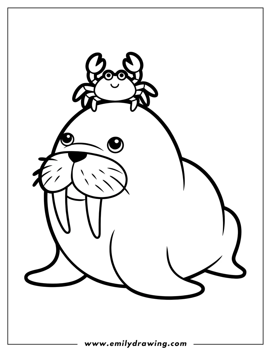 Outline of a walrus with a small crab sitting on its head.