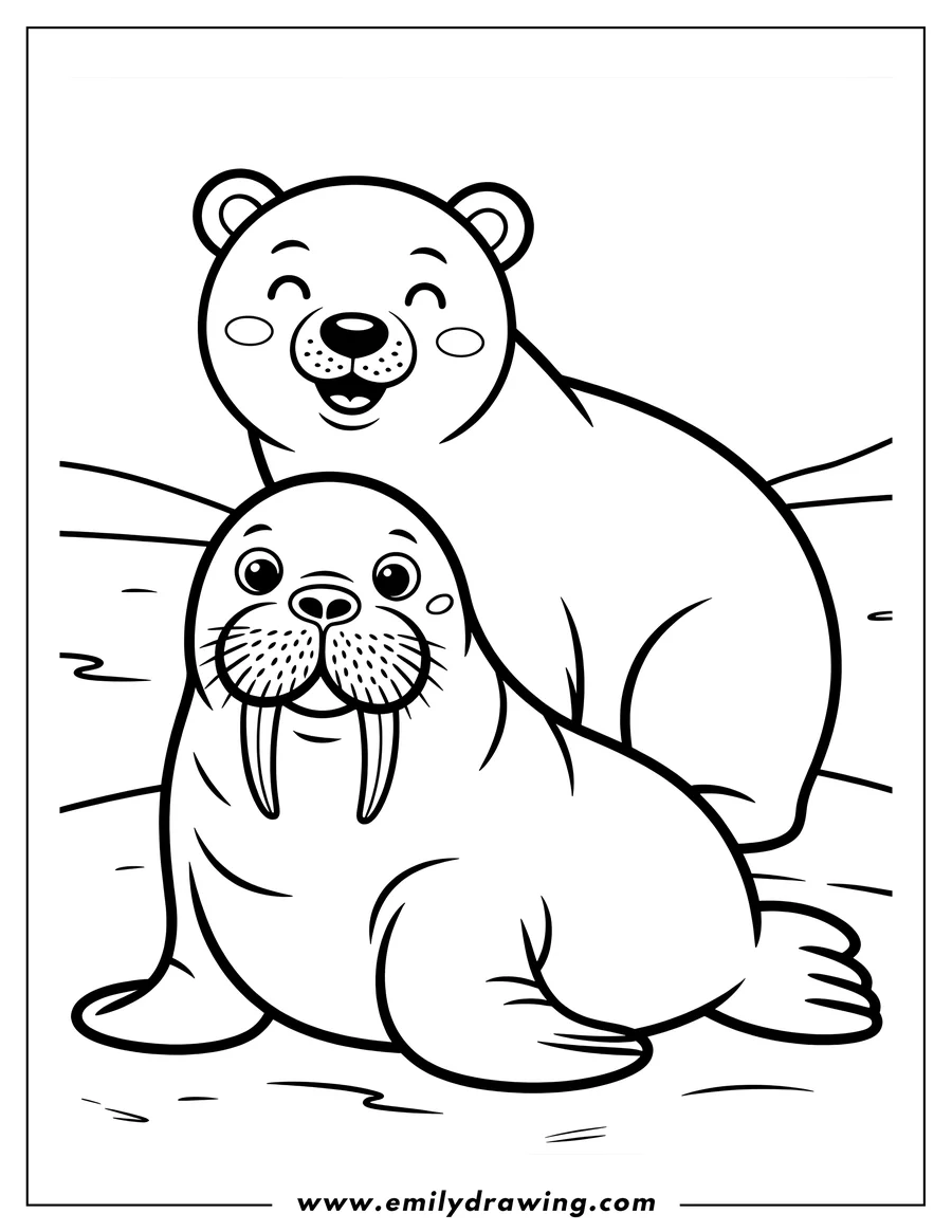Outline of a walrus and a polar bear standing together, seemingly on ice