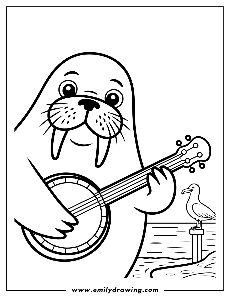 Line art of a walrus playing the banjo by the sea, with a seagull perched on a post.