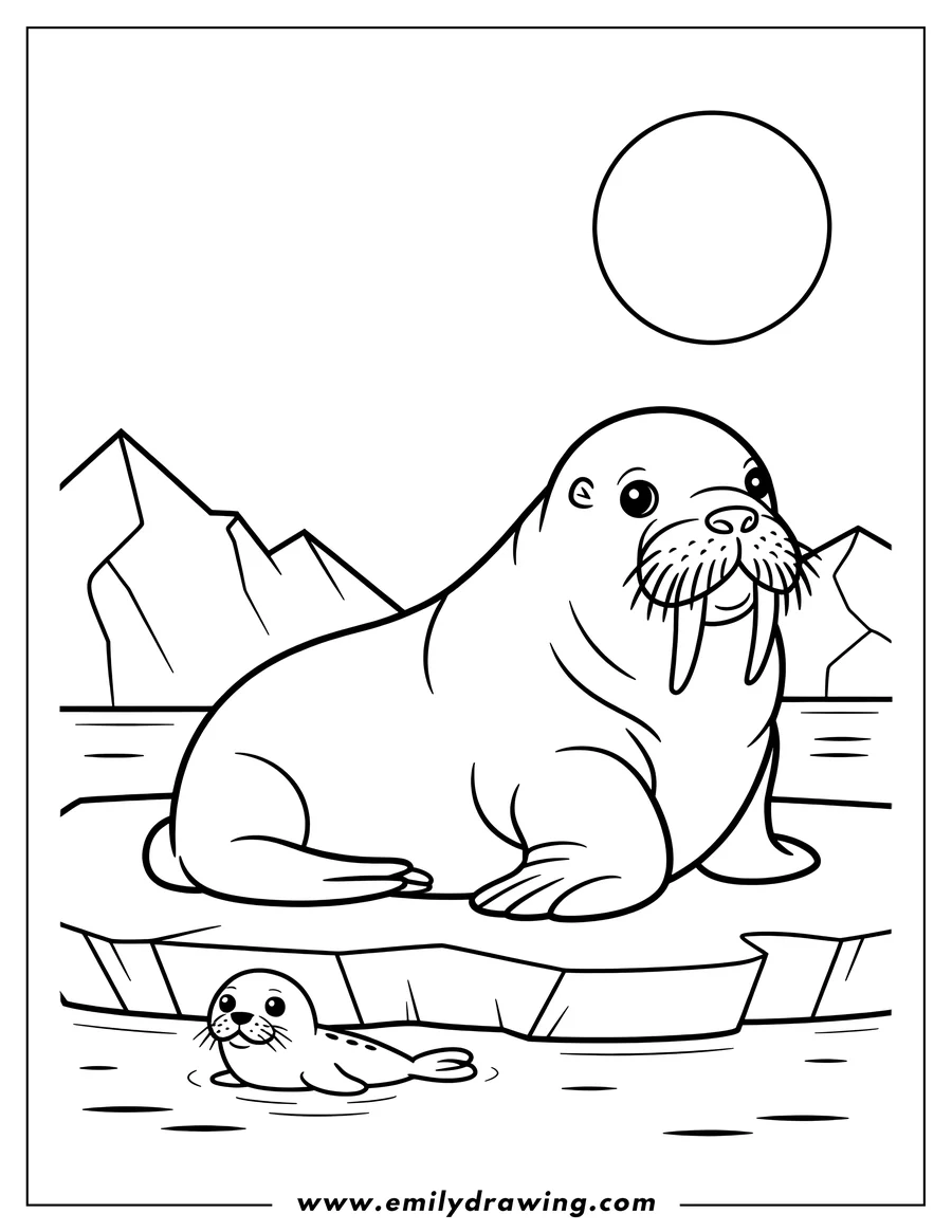 Line art of a walrus resting on an ice floe with a seal in the water below. Mountains are visible in the background and a large sun or moon overhead.