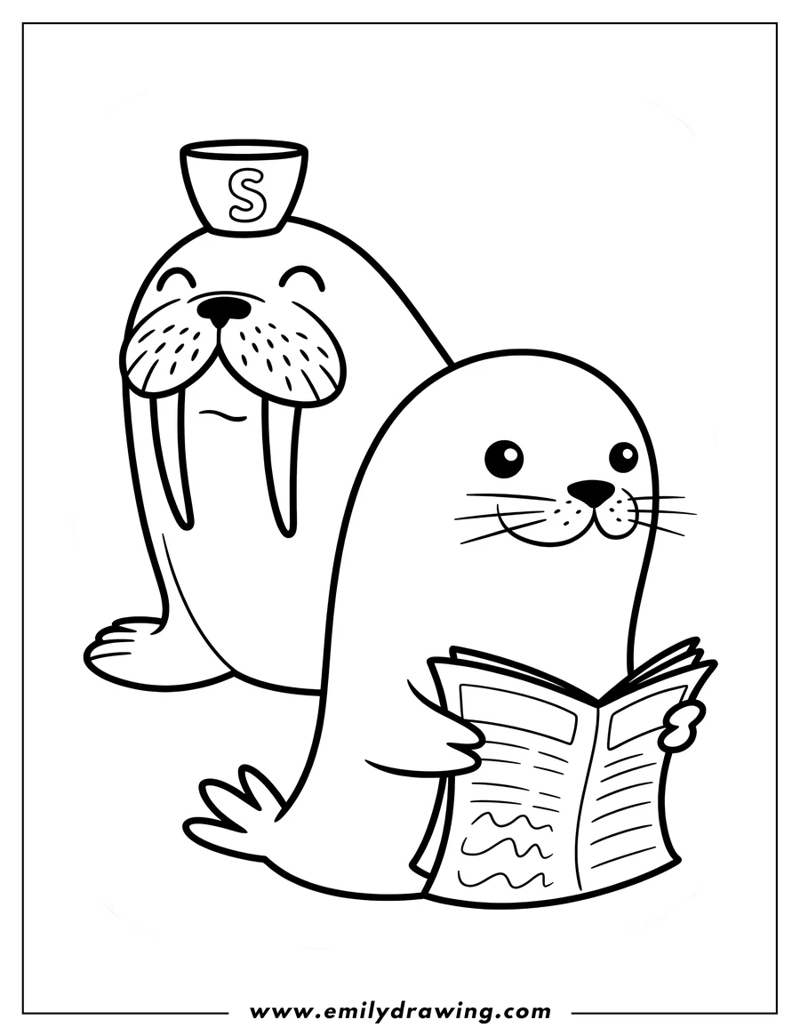 Line art of a walrus wearing a sailor hat and a seal reading a newspaper.