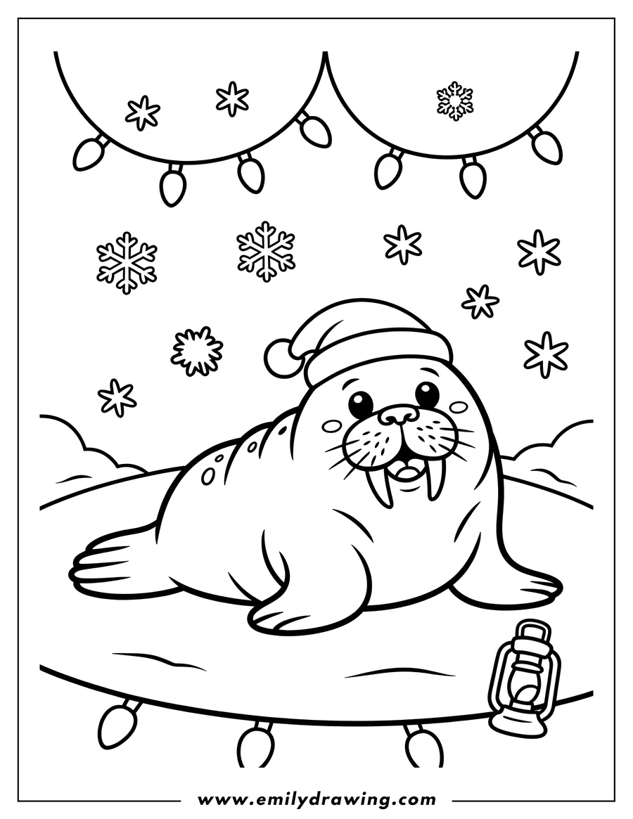 Outline of a walrus wearing a Santa hat, sitting near a lantern with Christmas lights and snowflakes around.