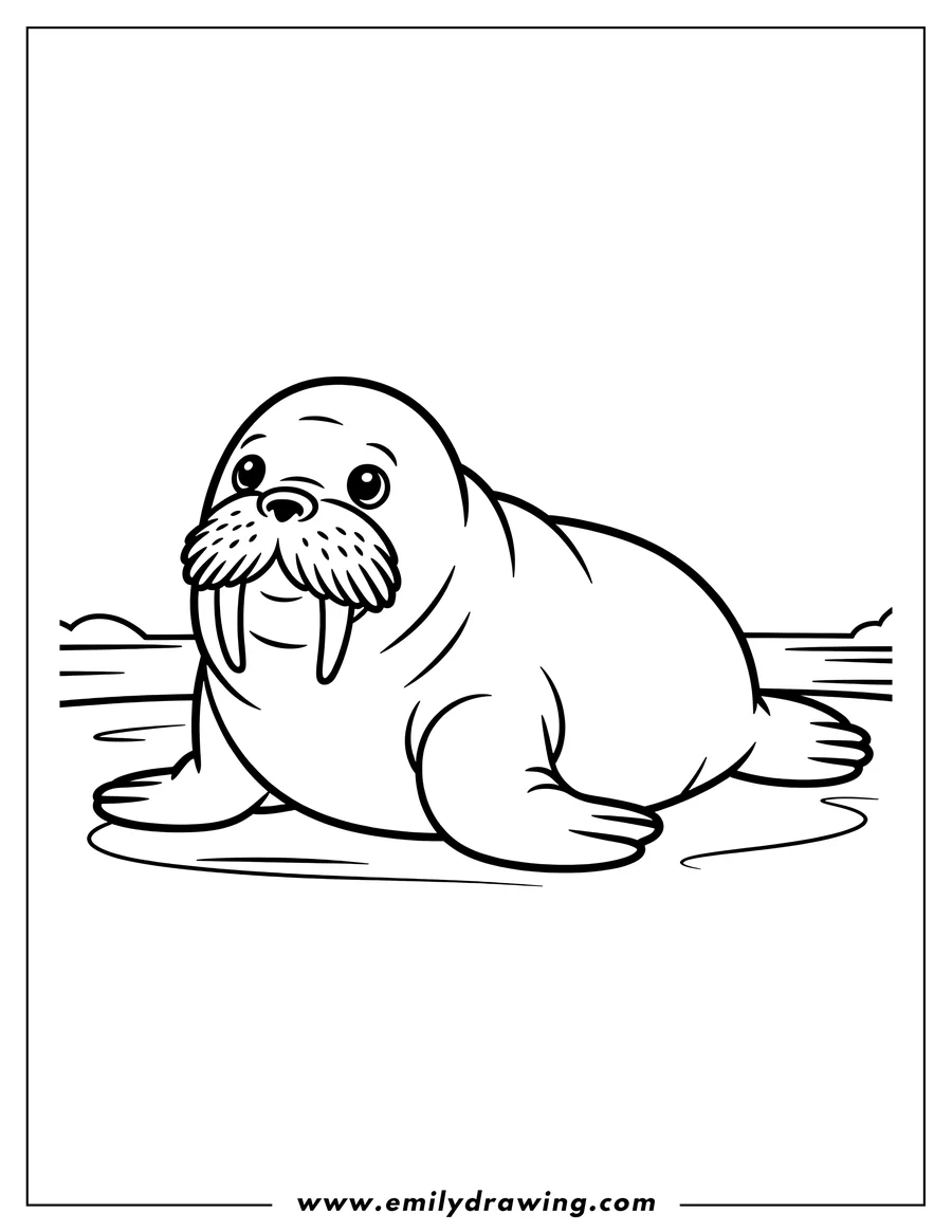 Line art of a walrus with prominent tusks, resting on the shore.