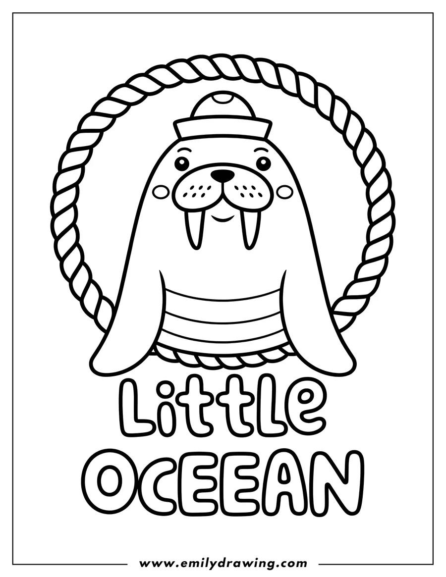 Line art of a walrus wearing a sailor hat and striped shirt, positioned inside a circular rope border.
