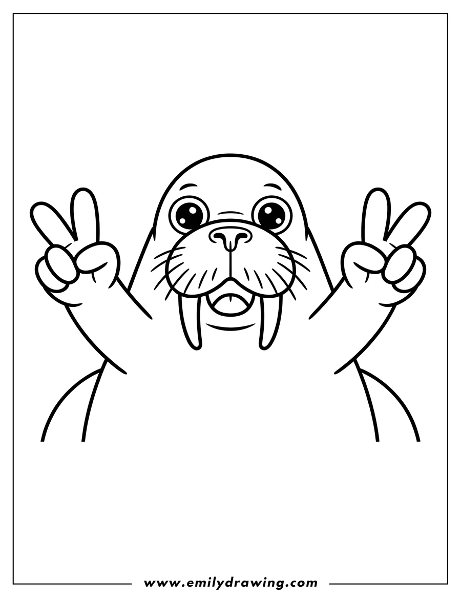Line art of a walrus making a peace sign with both flippers.