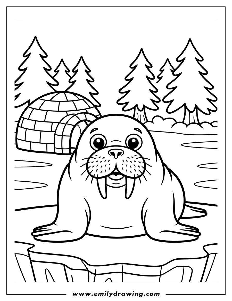 Outline of a walrus sitting on an ice floe with an igloo and pine trees in the background.