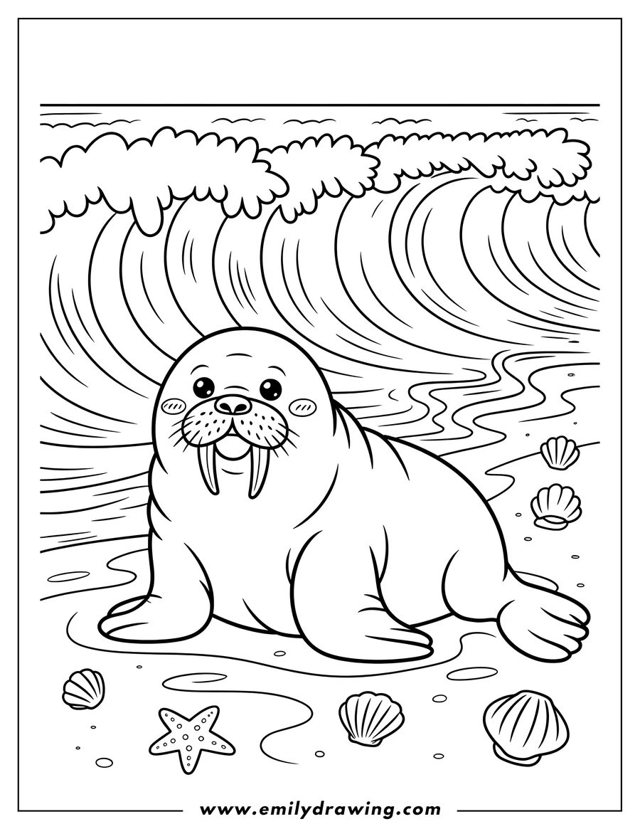 Line art of a walrus on the beach with seashells and a starfish.