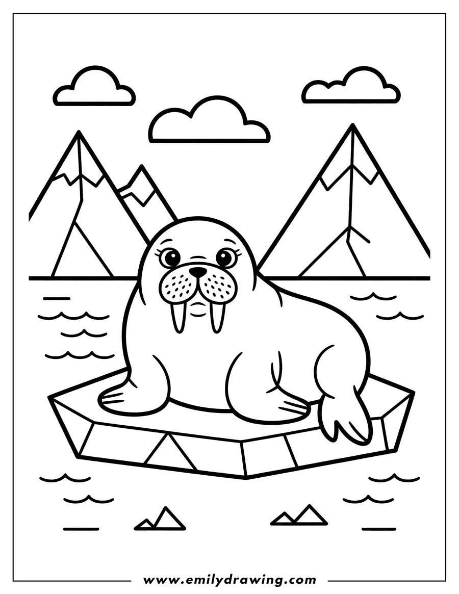 Outline of a walrus resting on a floating piece of ice with mountains in the background.